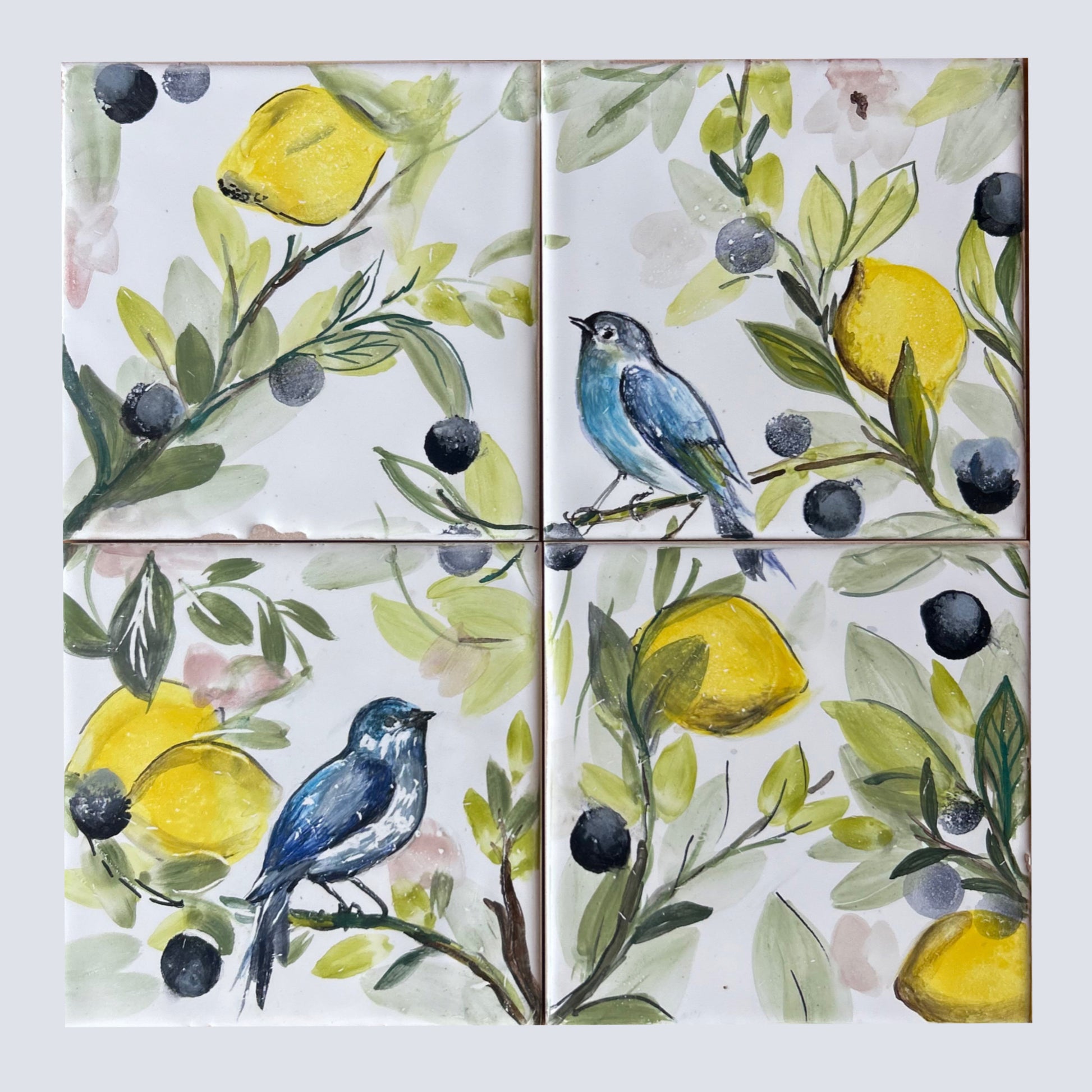 Mural Ceramica Pintado a mano Mayolica, Collection Tiles con pajaros, limones y hojas. Mural naturaleza.